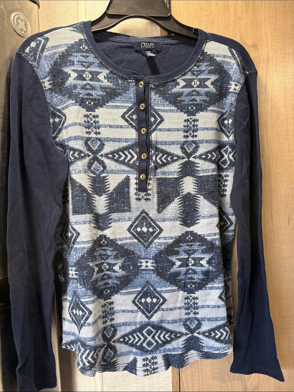 Chaps Navy and Light Blue Aztec Henley Long-Sleeve Shirt